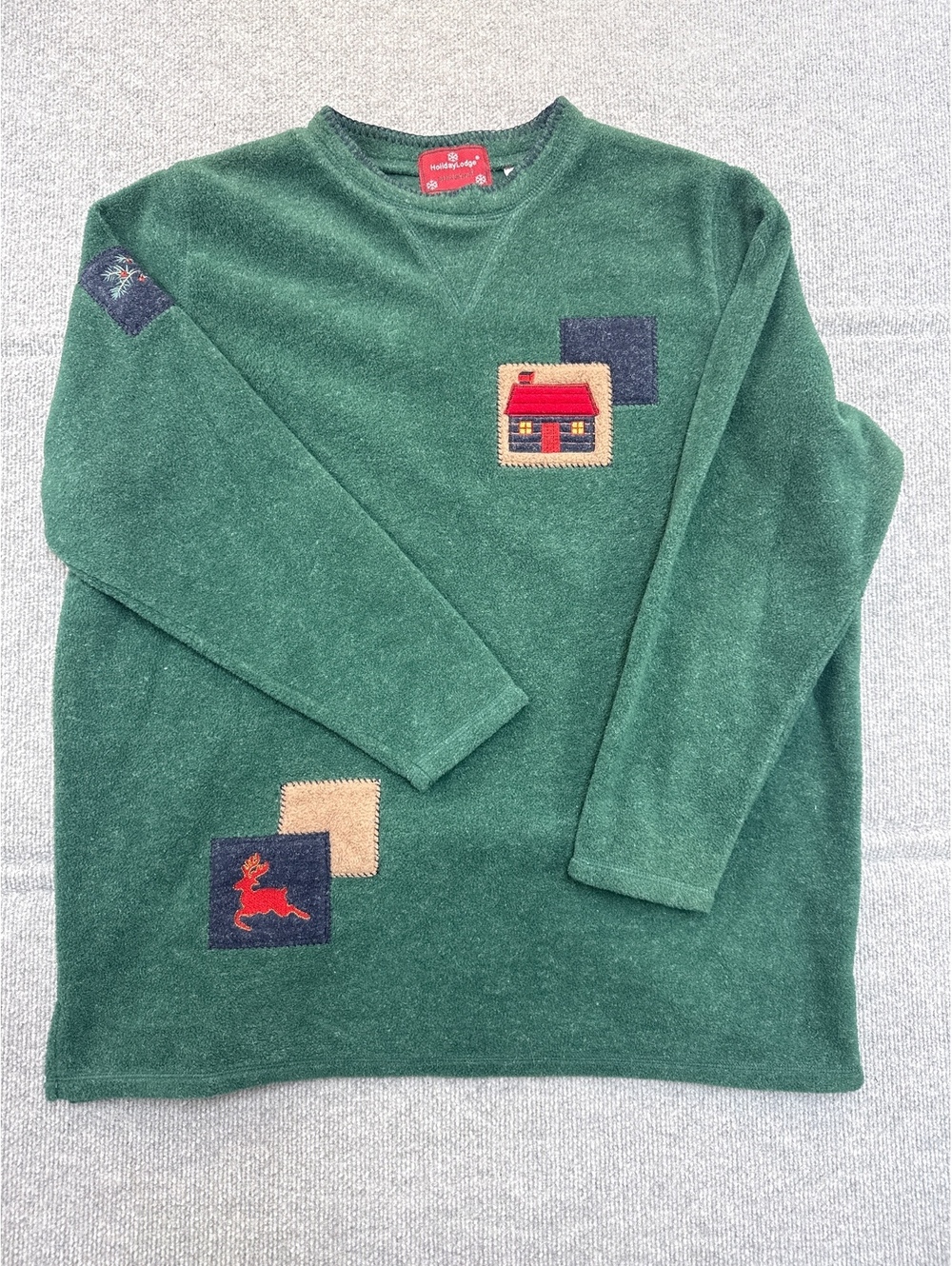 Holiday Lodge by Northcrest Women's Dark Green Fleece Sweater with Cabin and Re-